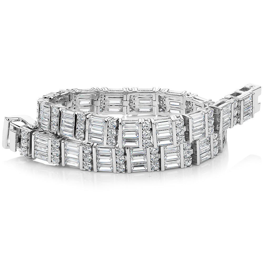 Baguette and Round Brilliant tennis bracelet with 11.73 carats* of diamond simulants in sterling silver