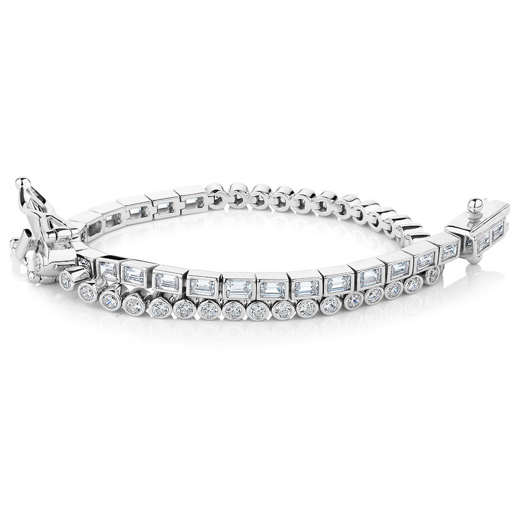 Baguette and Round Brilliant tennis bracelet with 3.26 carats* of diamond simulants in sterling silver