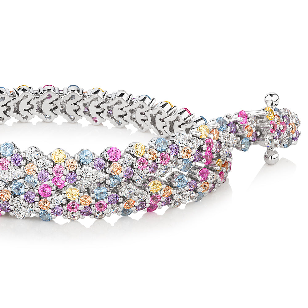 Statement bracelet with ruby and amethyst simulants and 2.08 carats* of diamond simulants in sterling silver