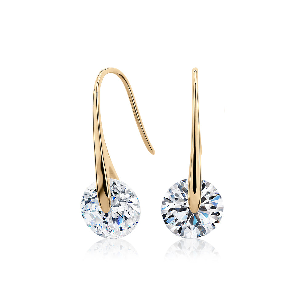 Round Brilliant drop earrings with 3.34 carats* of diamond simulants in 10 carat yellow gold