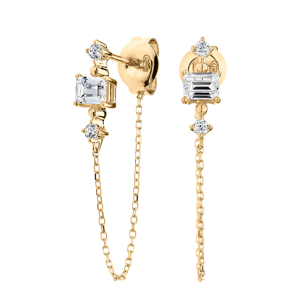 Emerald Cut and Round Brilliant drop earrings with 0.30 carats* of diamond simulants in 10 carat yellow gold