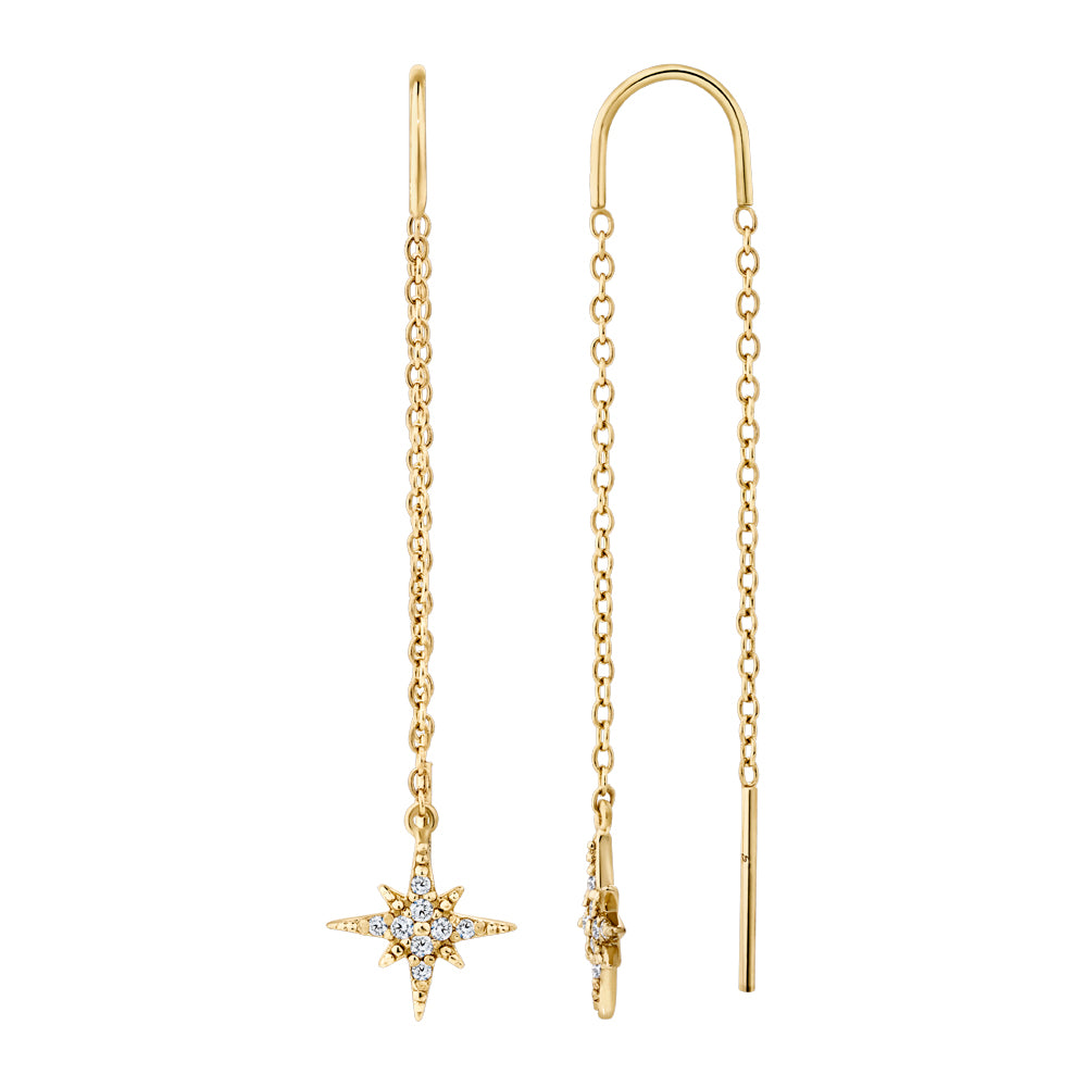 Round Brilliant Signature Simulant drop meteor earrings in 18 carat yellow gold vermeil