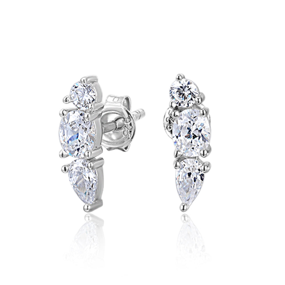 Pear and Round Brilliant climber earrings in sterling silver