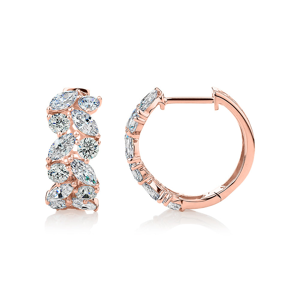 Marquise and Round Brilliant hoop earrings with 2.88 carats* of diamond simulants in 10 carat rose gold