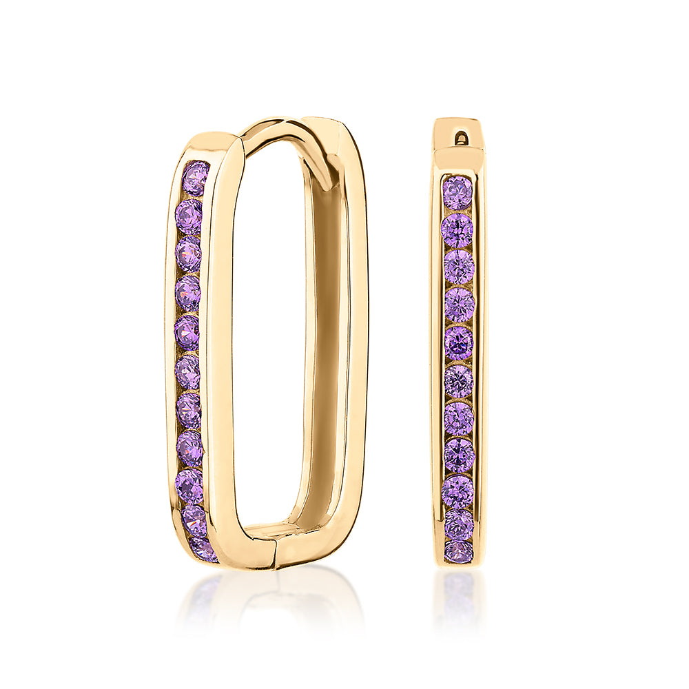 Round Brilliant hoop earrings with amethyst simulants in 10 carat yellow gold