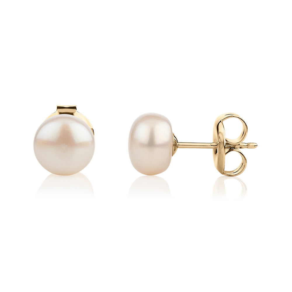 Cultured freshwater pearl 7.5mm stud earrings in 10 carat yellow gold