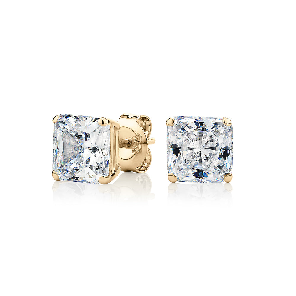 Princess Cut stud earrings with 3 carats* of diamond simulants in 10 carat yellow gold
