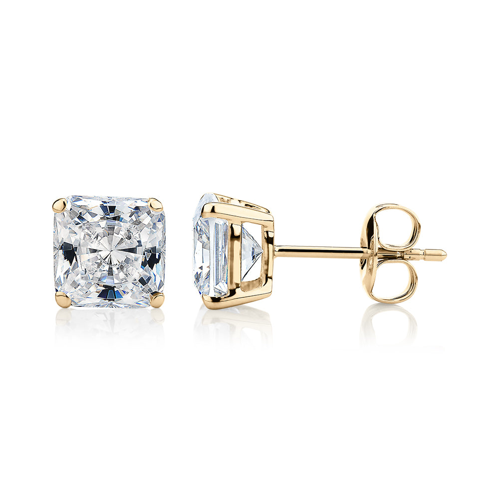 Princess Cut stud earrings with 3 carats* of diamond simulants in 10 carat yellow gold