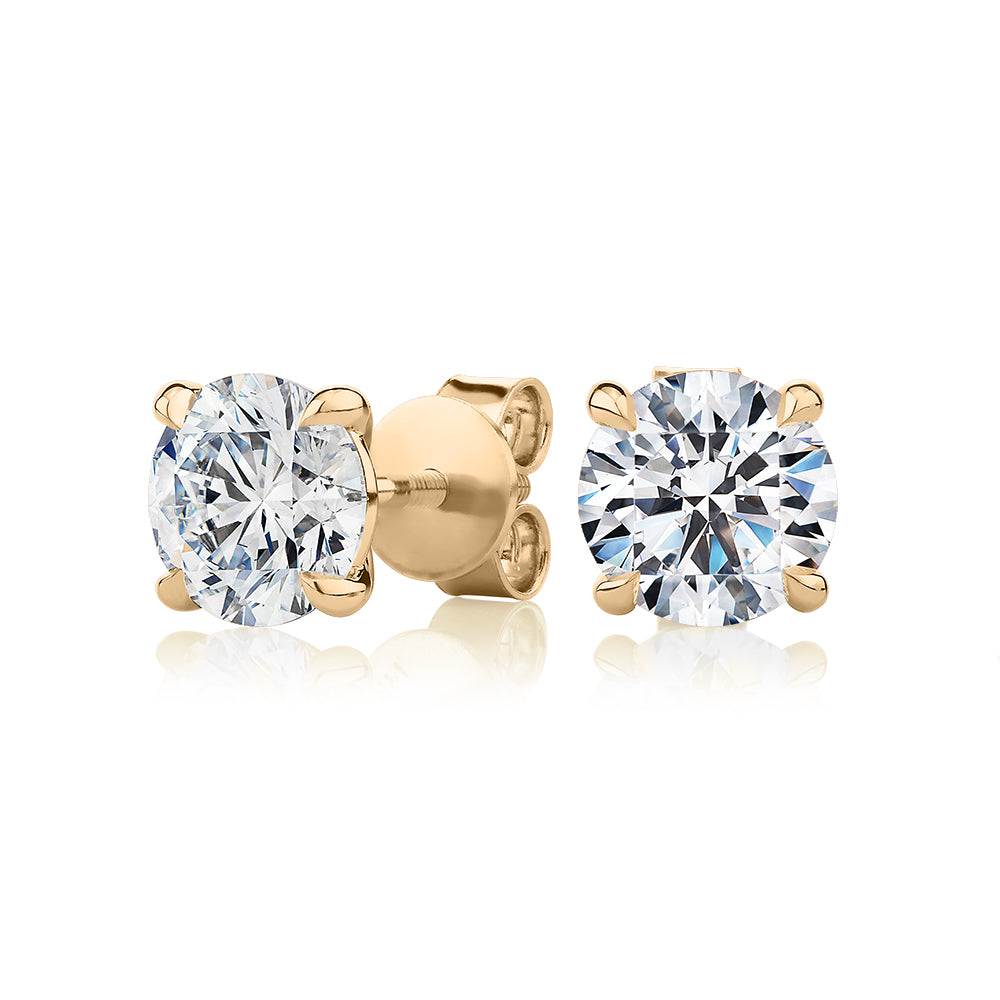 Premium Certified Lab-Grown Diamond, 3.00 carat TW round brilliant stud earrings in 14 carat yellow gold