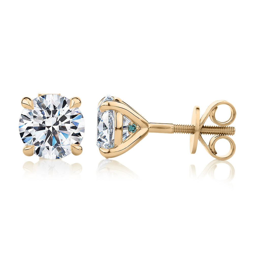Premium Certified Lab-Grown Diamond, 3.00 carat TW round brilliant stud earrings in 14 carat yellow gold