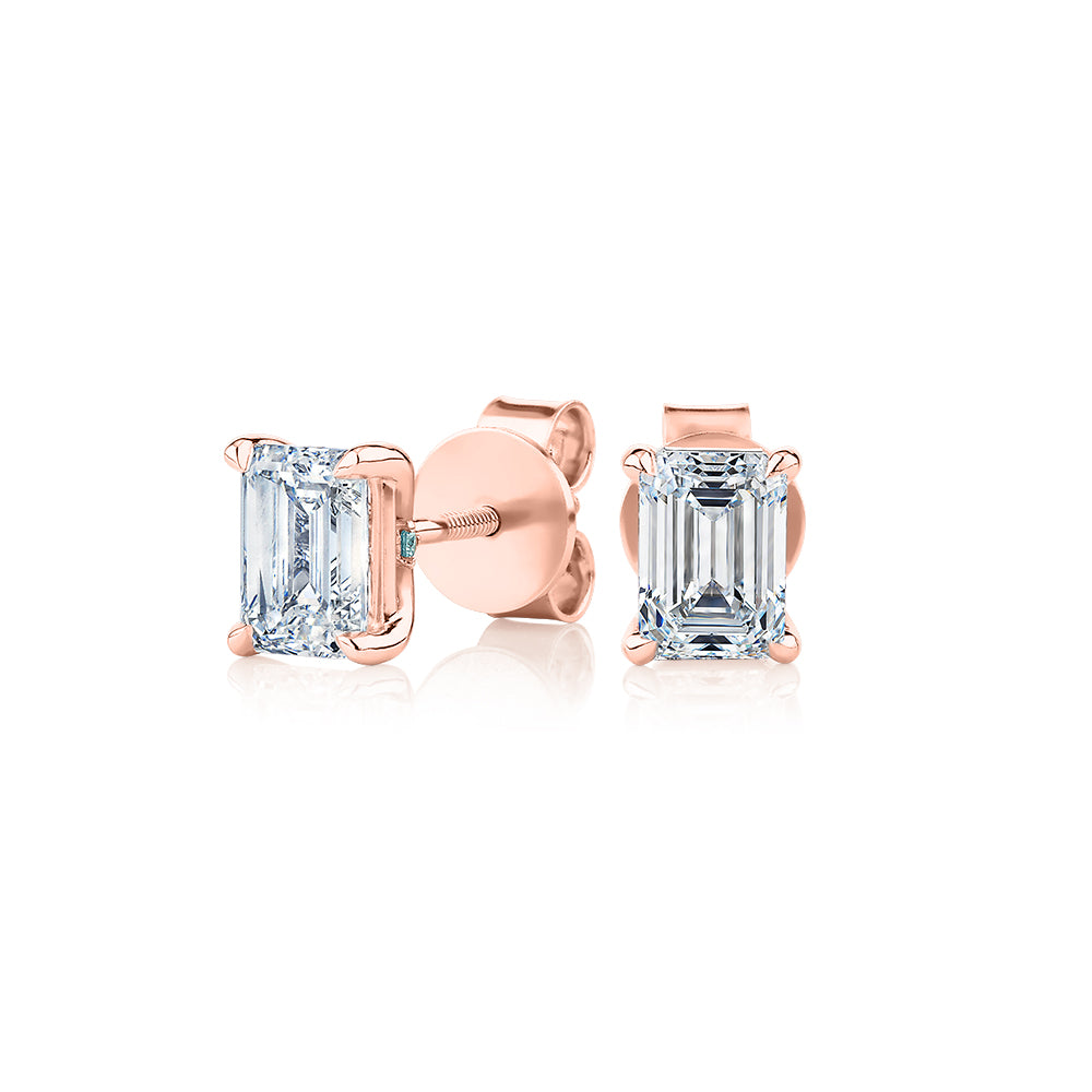 Premium Certified Lab-Grown Diamond, 1.40 carat TW emerald cut stud earrings in 14 carat rose gold