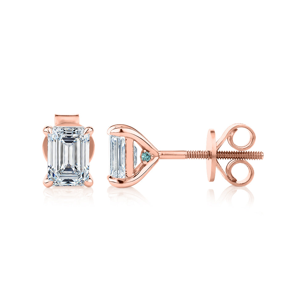 Premium Certified Lab-Grown Diamond, 1.40 carat TW emerald cut stud earrings in 14 carat rose gold