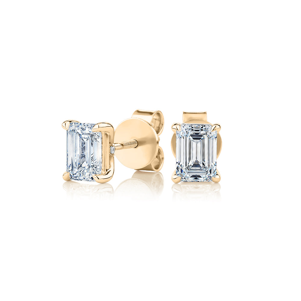 Signature Simulant Diamond 1.40 carat* TW emerald cut stud earrings in 14 carat yellow gold