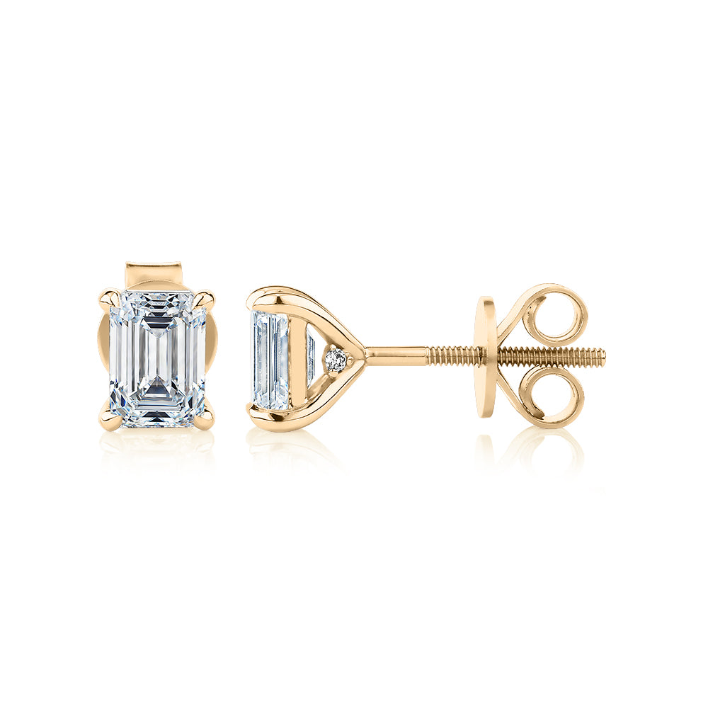 Signature Simulant Diamond 1.40 carat* TW emerald cut stud earrings in 14 carat yellow gold