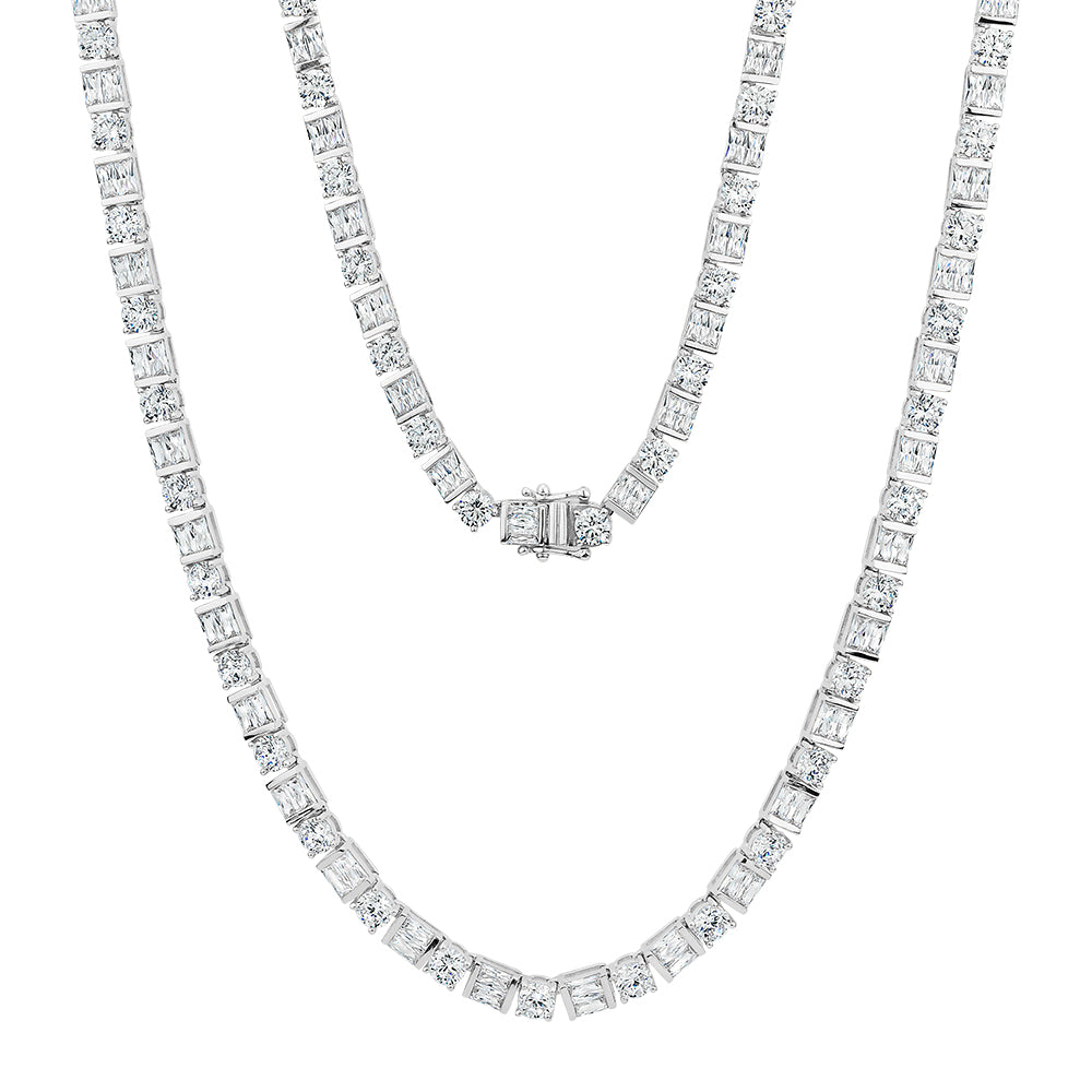 Round Brilliant and Baguette tennis necklace with 22 carats* of diamond simulants in 10 carat white gold