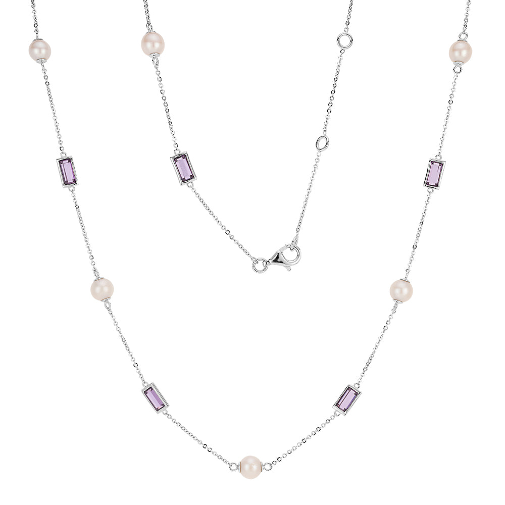 Cultured freshwater pearl and amethyst simulant drop necklace in sterling silver
