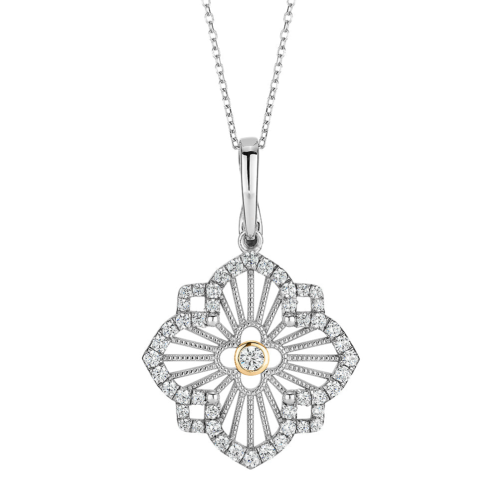 Fancy pendant with 0.67 carats* of diamond simulants in 10 carat yellow gold and sterling silver