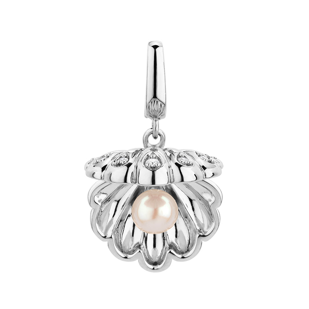 Round Brilliant charm pendant with  diamond simulants and cultured freshwater pearl in sterling silver