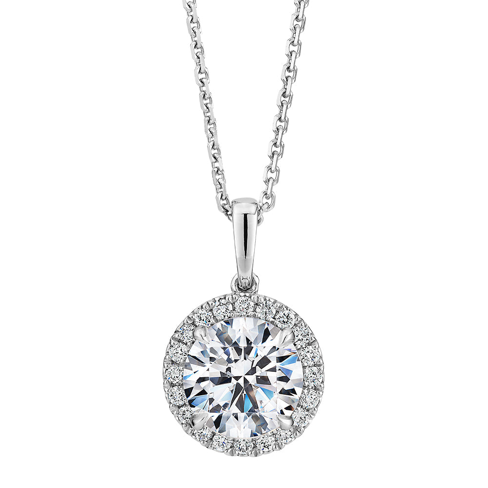 Signature Simulant Diamond 1.66 carat* TW round brilliant halo pendant in 14 carat white gold