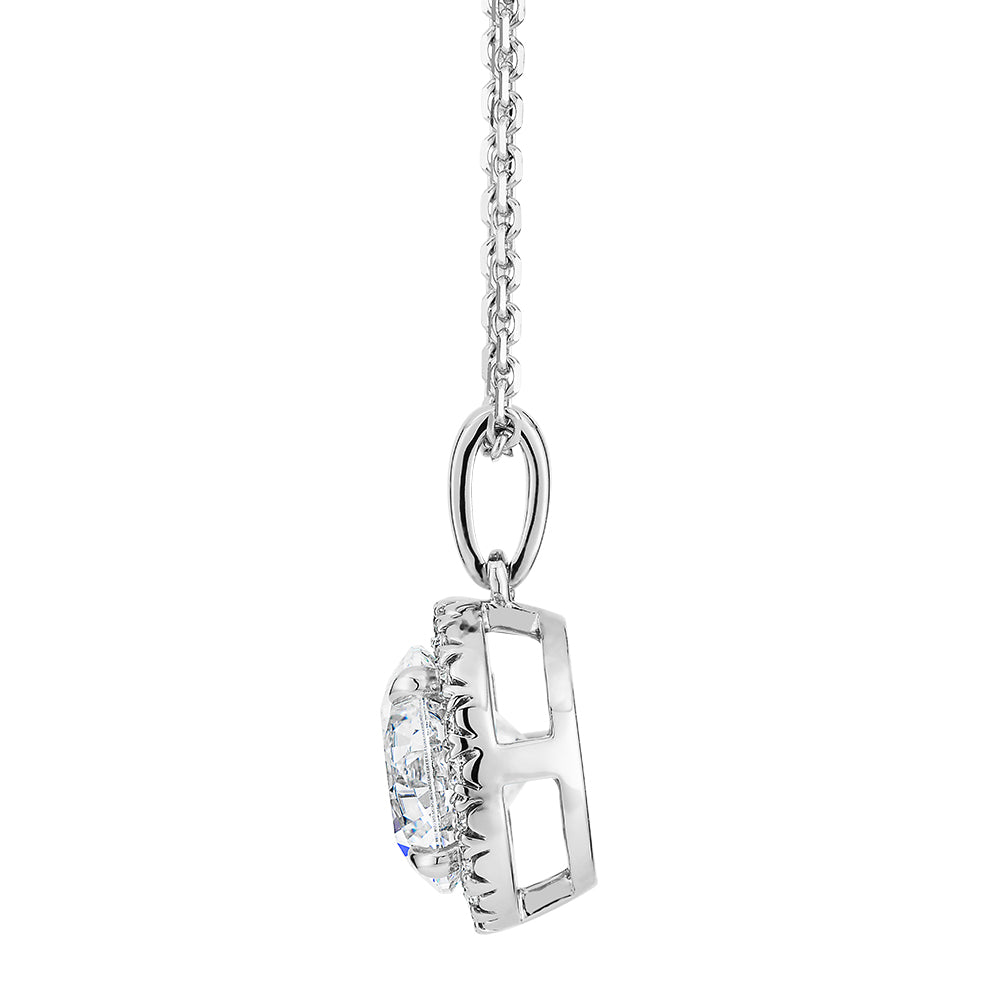 Signature Simulant Diamond 1.66 carat* TW round brilliant halo pendant in 14 carat white gold
