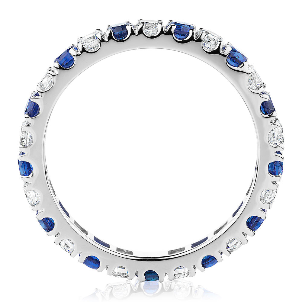 All-rounder eternity band with sapphire simulants and 0.78 carats* of diamond simulants in 14 carat white gold