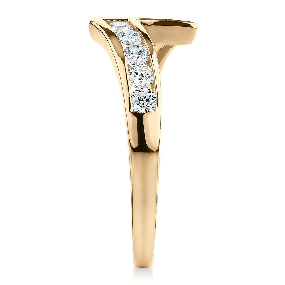 Round Brilliant curved wedding or eternity band with 0.4 carats* of diamond simulants in 14 carat yellow gold