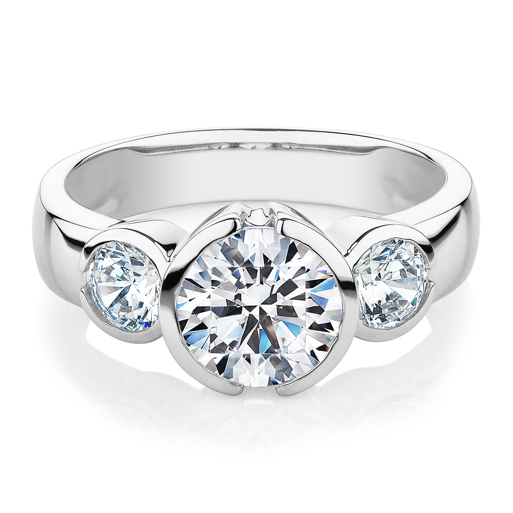 Three stone ring with 2.23 carats* of diamond simulants in 10 carat white gold