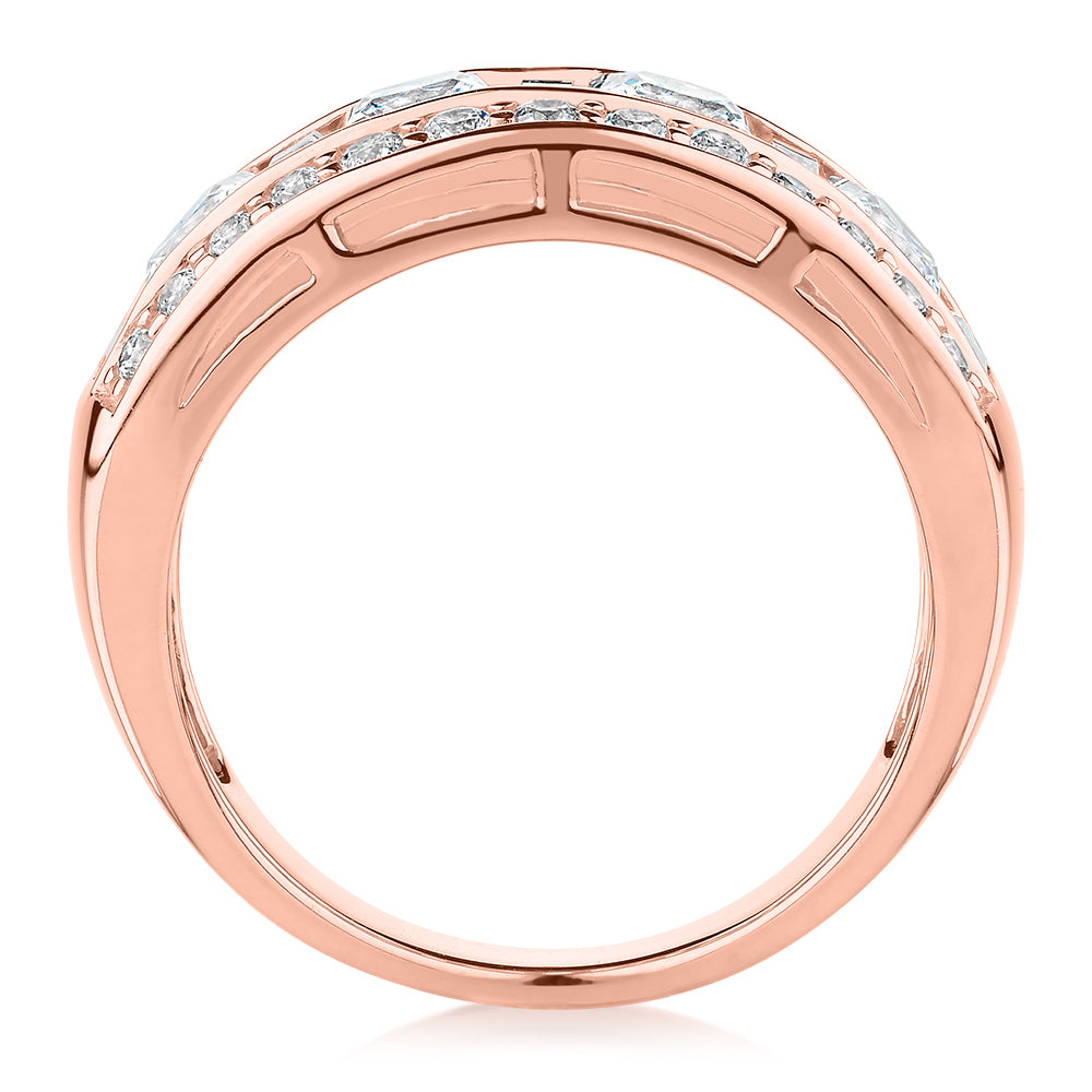 Dress ring with 2.7 carats* of diamond simulants in 10 carat rose gold
