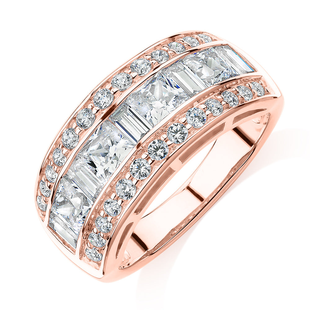 Dress ring with 2.7 carats* of diamond simulants in 10 carat rose gold