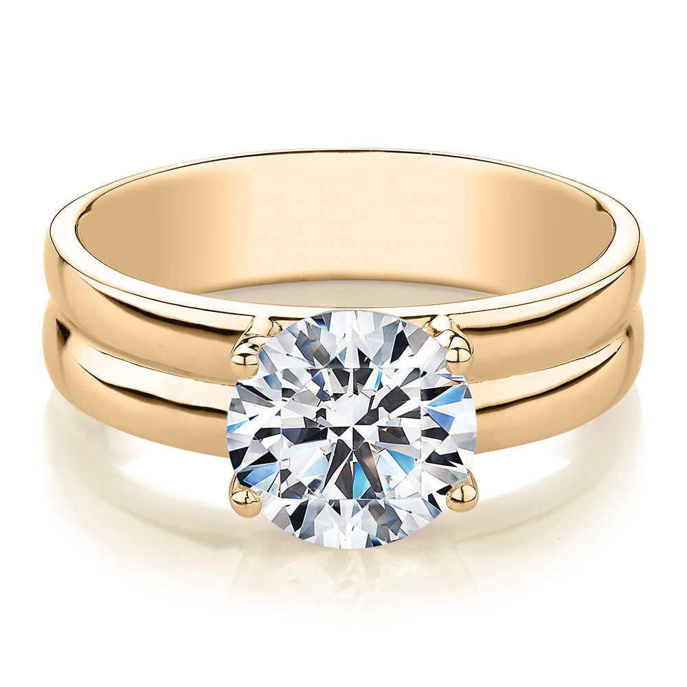 Round Brilliant solitaire engagement ring with 2.04 carat* diamond simulant in 10 carat yellow gold