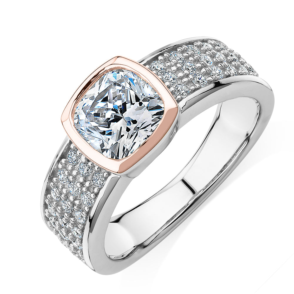 Synergy dress ring with 1.7 carats* of diamond simulants in 10 carat rose gold and sterling silver