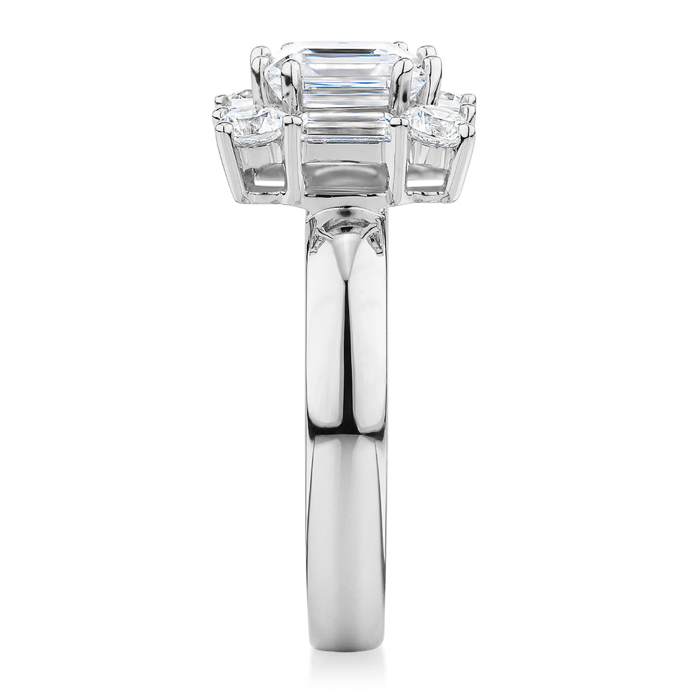Princess Cut, Baguette and Round Brilliant halo engagement ring with 2.59 carats* of diamond simulants in 10 carat white gold