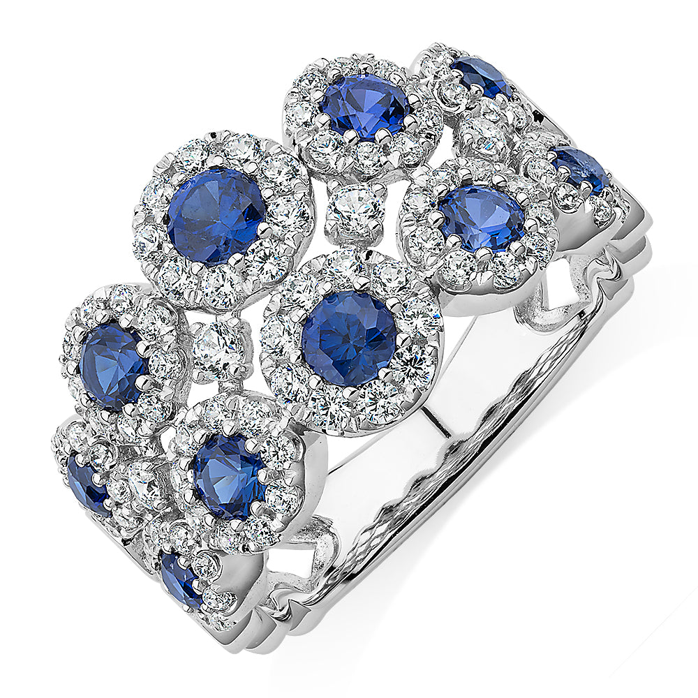 Celeste Dress ring with sapphire simulants and 0.91 carats* of diamond simulants in 10 carat white gold