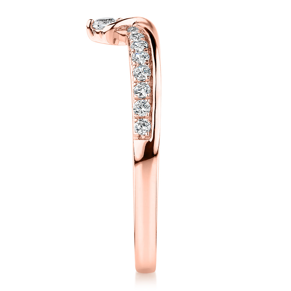 Round Brilliant curved wedding or eternity band with carats* of diamond simulants in 10 carat rose gold