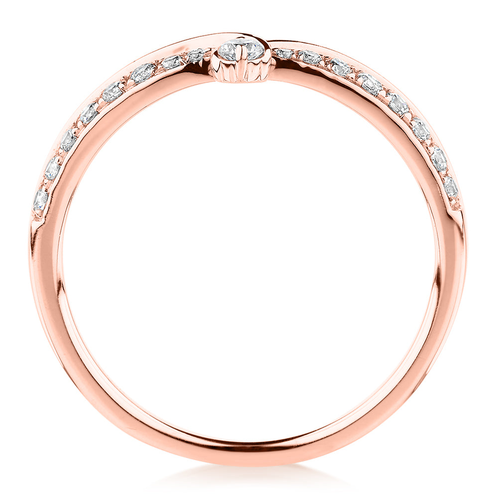 Round Brilliant curved wedding or eternity band with carats* of diamond simulants in 10 carat rose gold