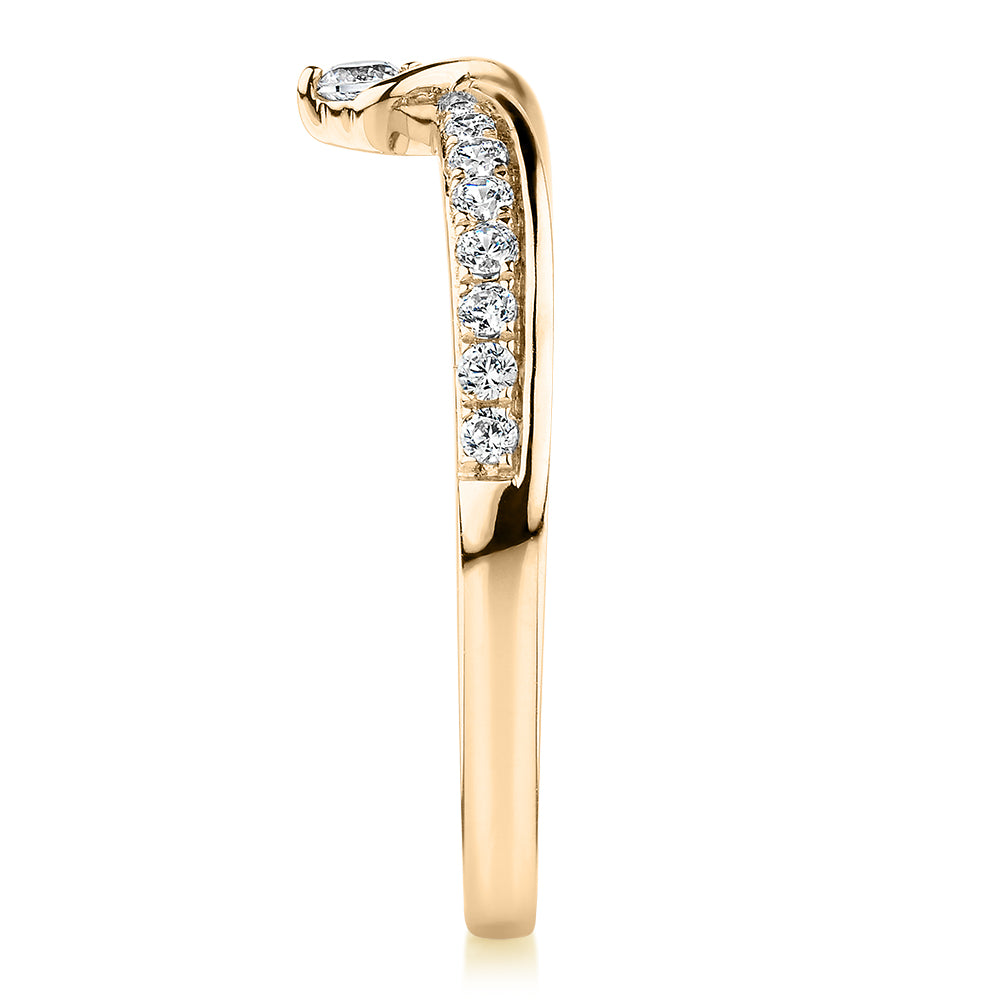 Round Brilliant curved wedding or eternity band with carats* of diamond simulants in 10 carat yellow gold
