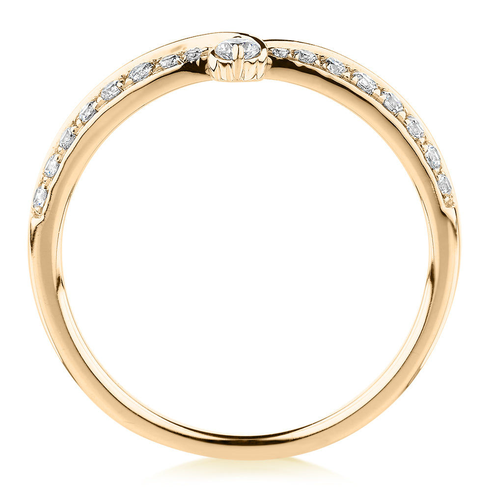 Round Brilliant curved wedding or eternity band with carats* of diamond simulants in 10 carat yellow gold