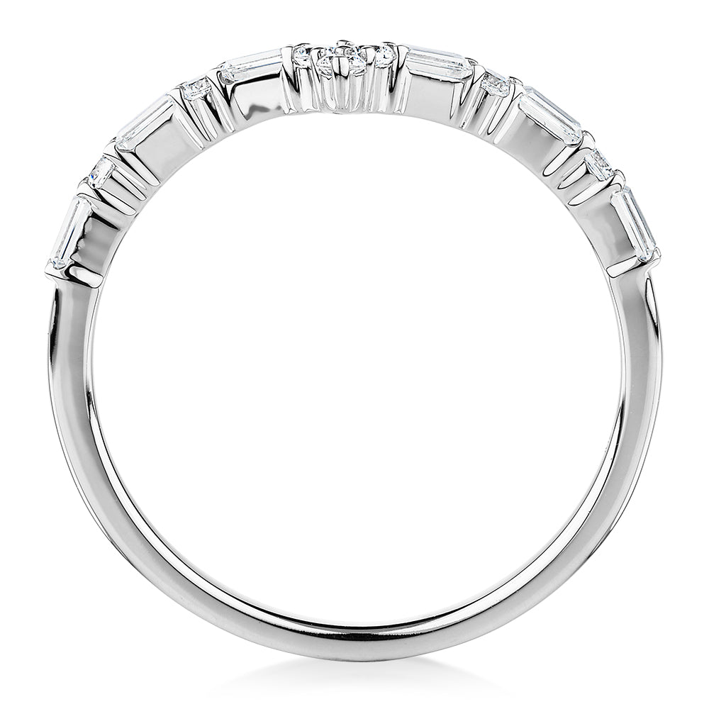 Baguette curved wedding or eternity band with 0.39 carats* of diamond simulants in 10 carat white gold
