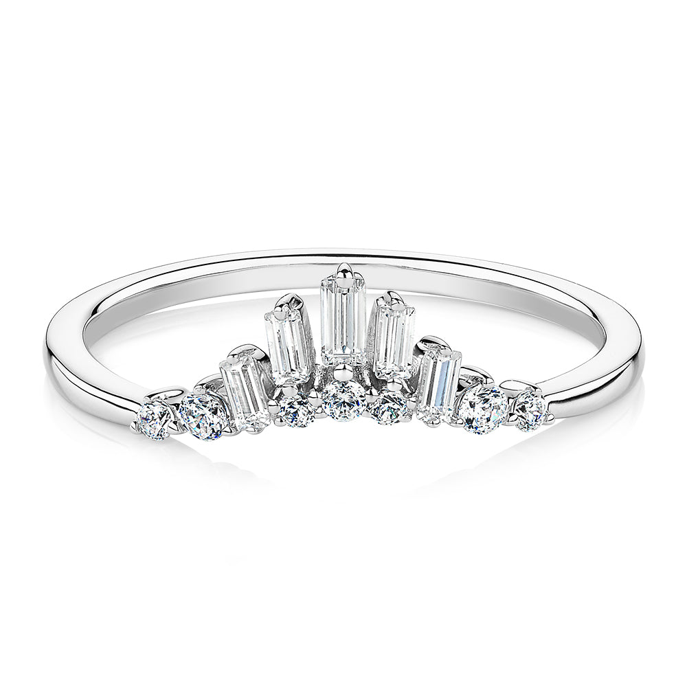Baguette curved wedding or eternity band with 0.35 carats* of diamond simulants in 10 carat white gold