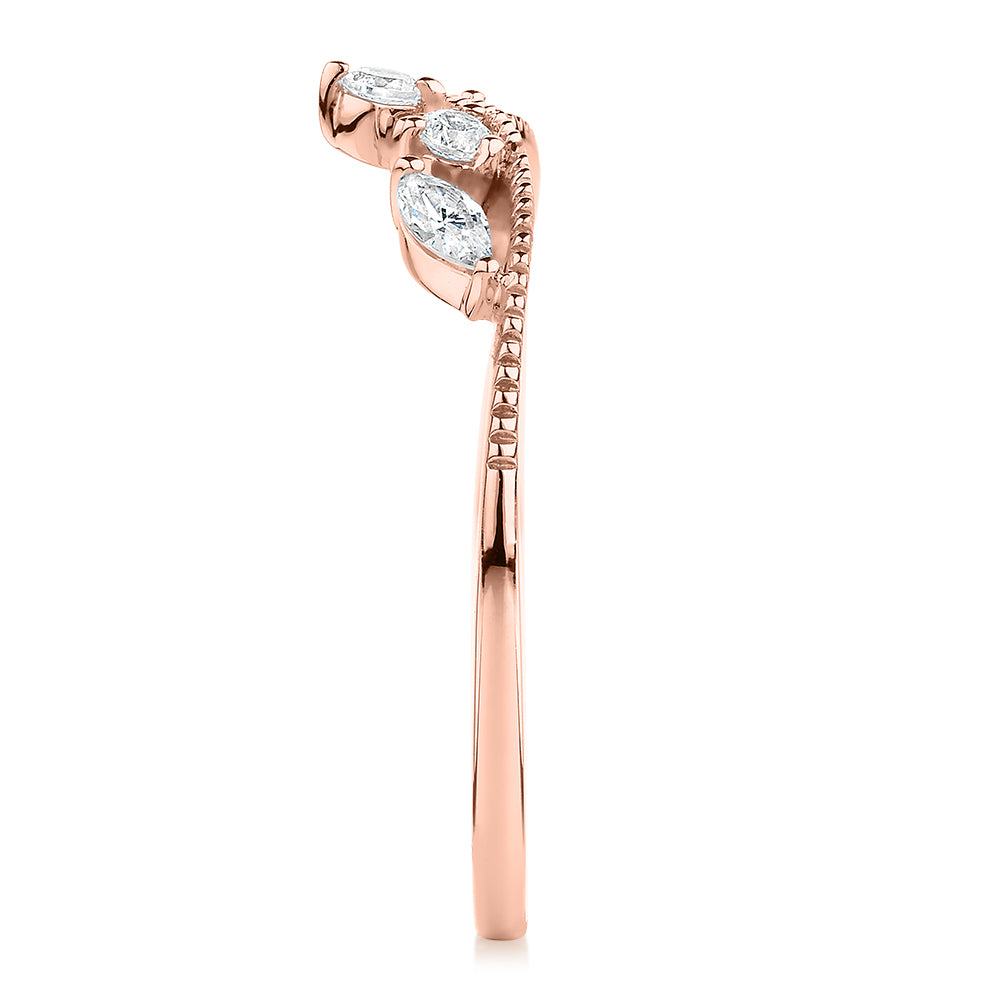 Round Brilliant curved wedding or eternity band with 0.29 carats* of diamond simulants in 10 carat rose gold