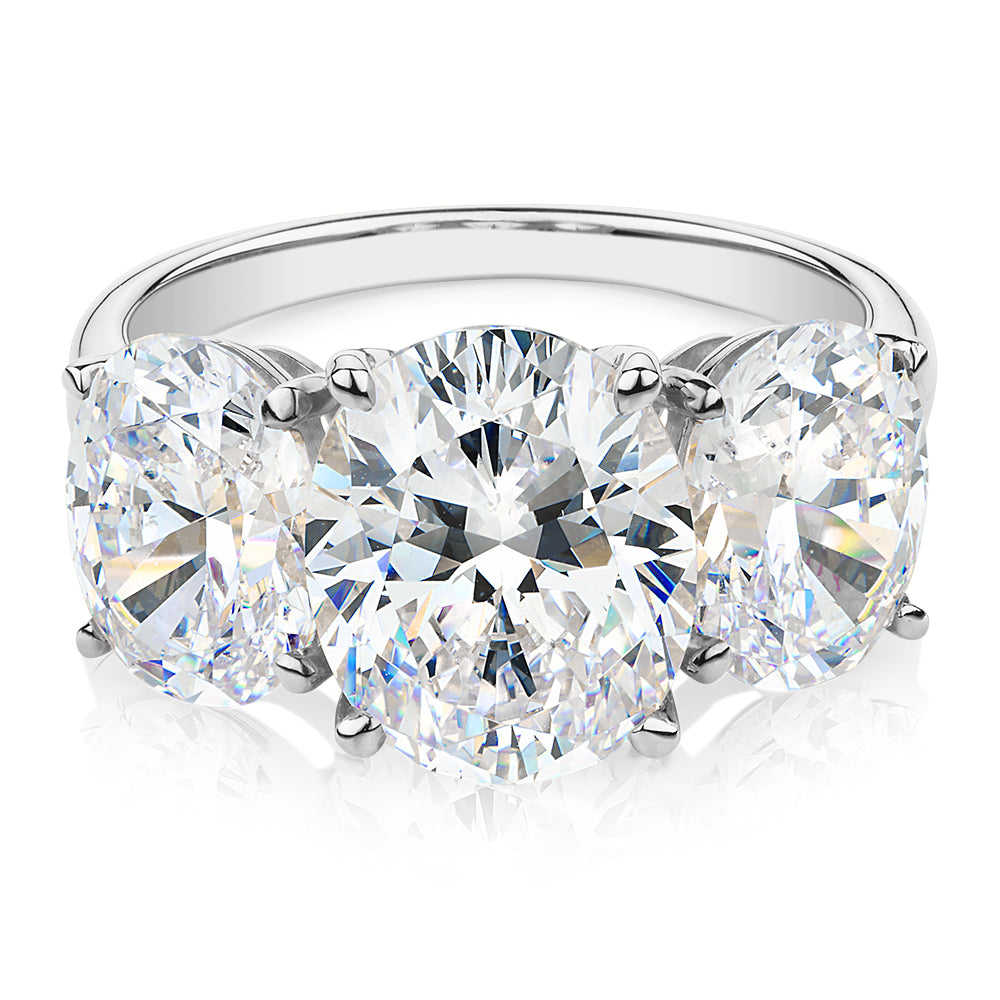Three stone ring with 7.57 carats* of diamond simulants in 10 carat white gold