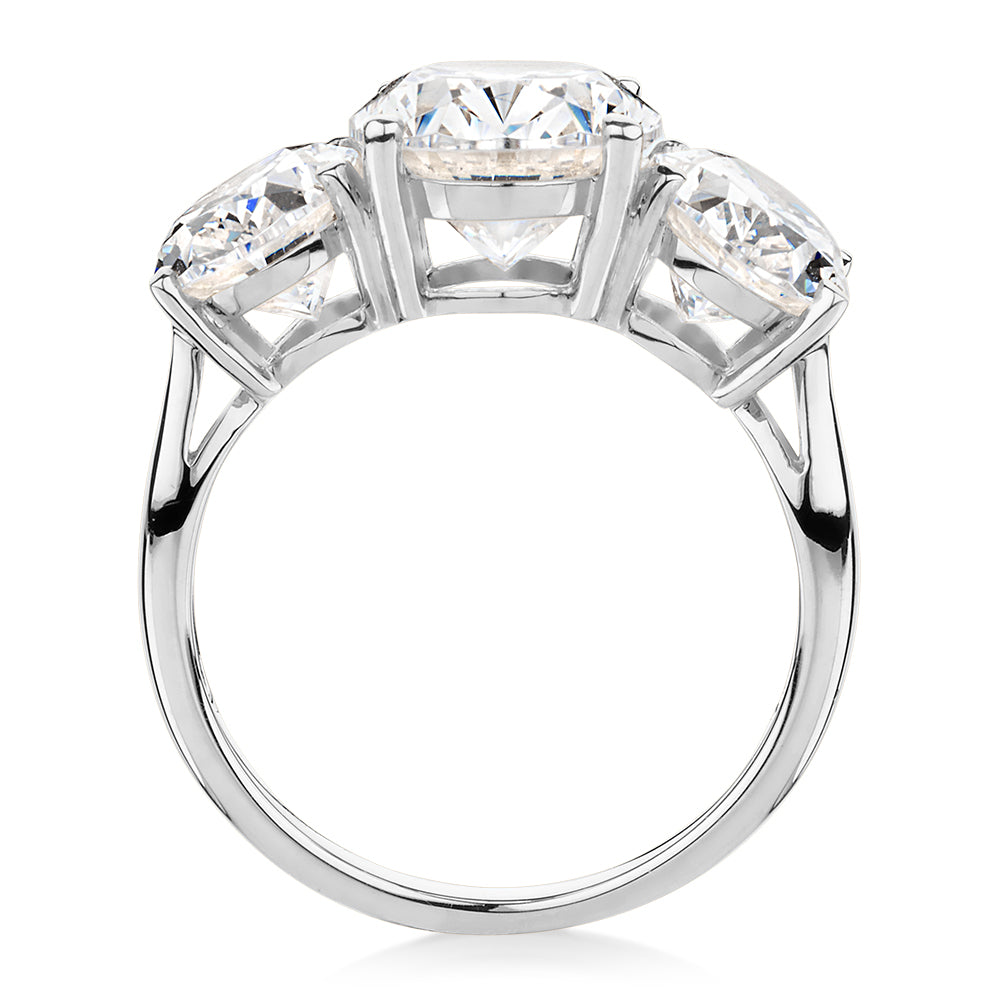 Three stone ring with 7.57 carats* of diamond simulants in 10 carat white gold