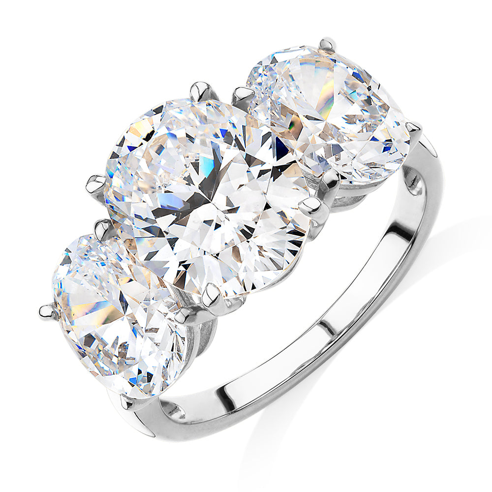 Three stone ring with 7.57 carats* of diamond simulants in 10 carat white gold