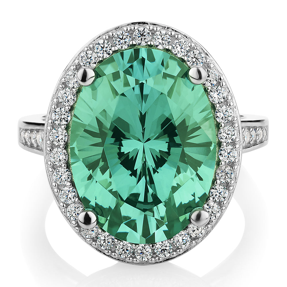 Dress ring with ocean green simulant and 0.78 carats* of diamond simulants in sterling silver