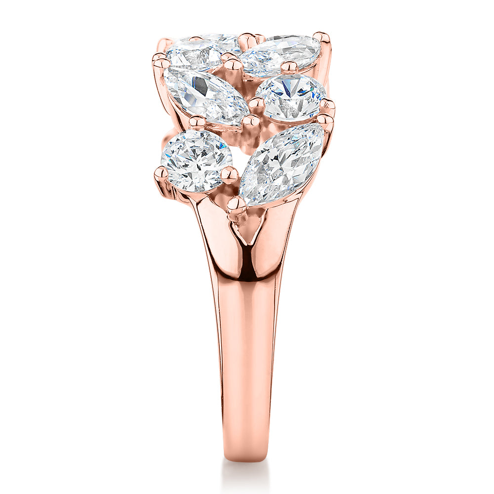Dress ring with 3.36 carats* of diamond simulants in 10 carat rose gold