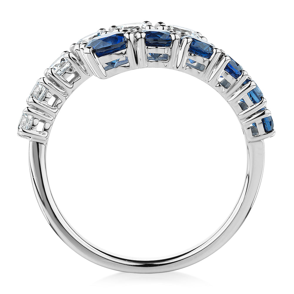 Dress ring with sapphire simulants and 0.91 carats* of diamond simulants in 10 carat white gold