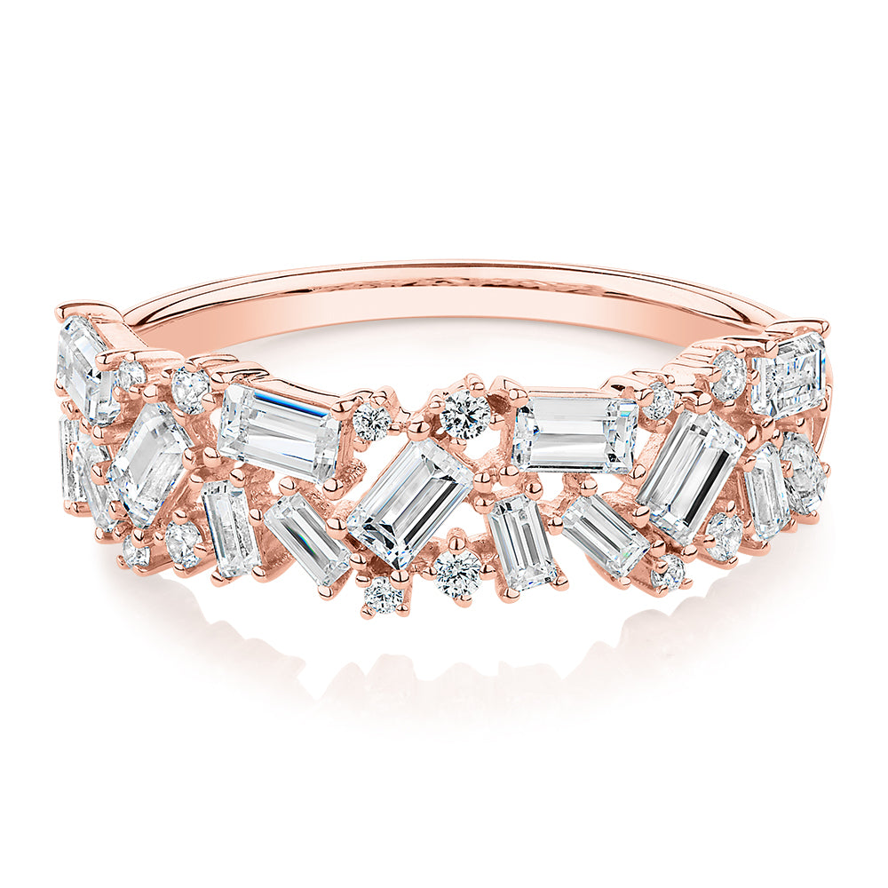 Dress ring with 1.03 carats* of diamond simulants in 10 carat rose gold