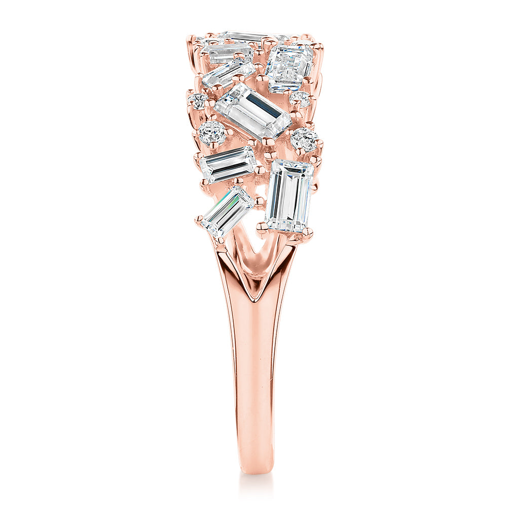 Dress ring with 1.03 carats* of diamond simulants in 10 carat rose gold