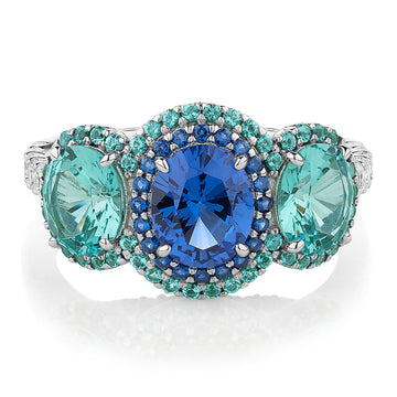 Dress ring with ocean blue and green simulants and 0.40 carats* of diamond simulants in sterling silver