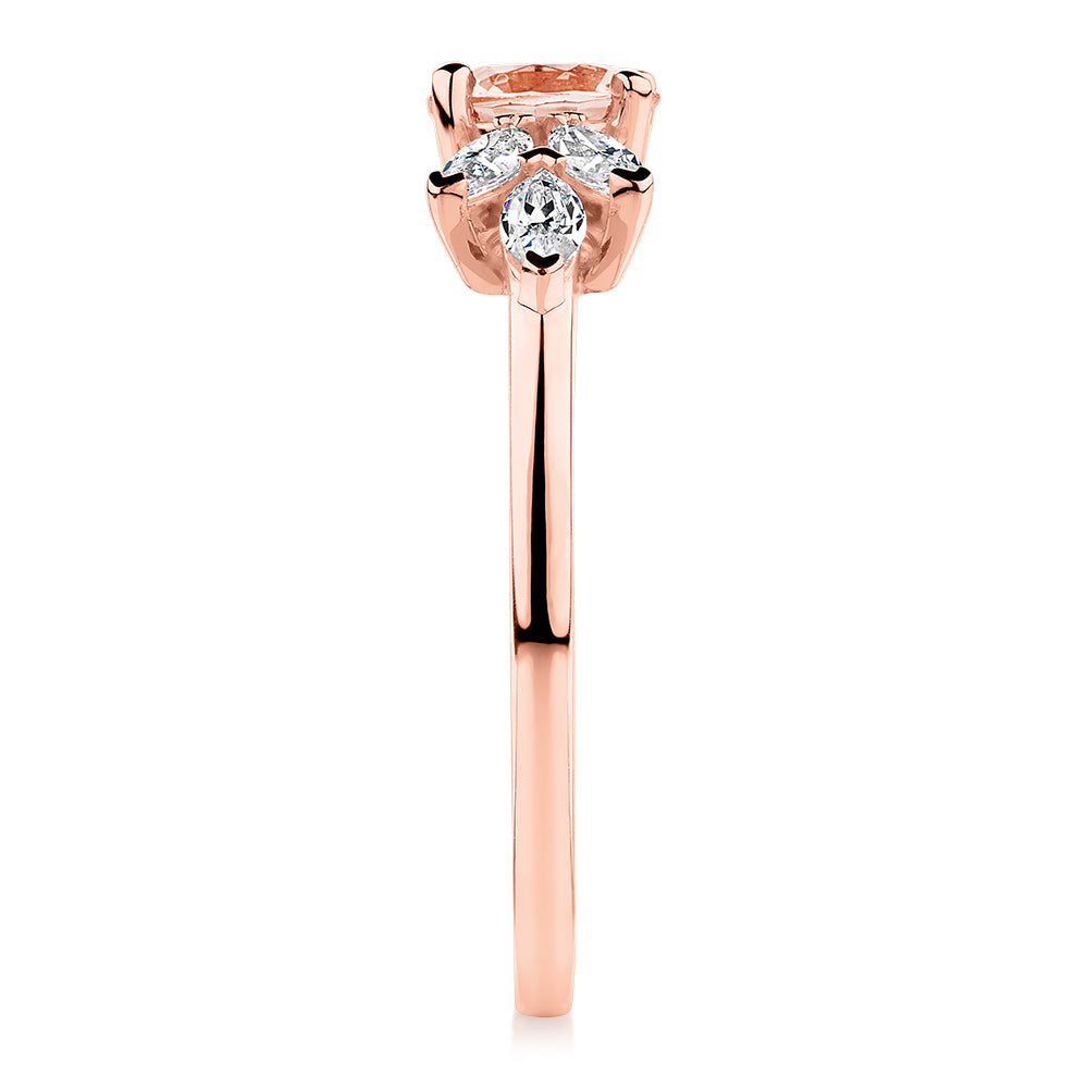 Round Brilliant and Marquise toi et moi shouldered engagement ring with morganite simulant and 0.33 carats* of diamond simulants in 10 carat rose gold